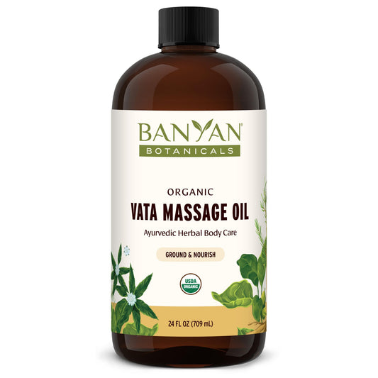 Banyan Botanicals Vata Massage Oil label showcasing organic, calming blend
