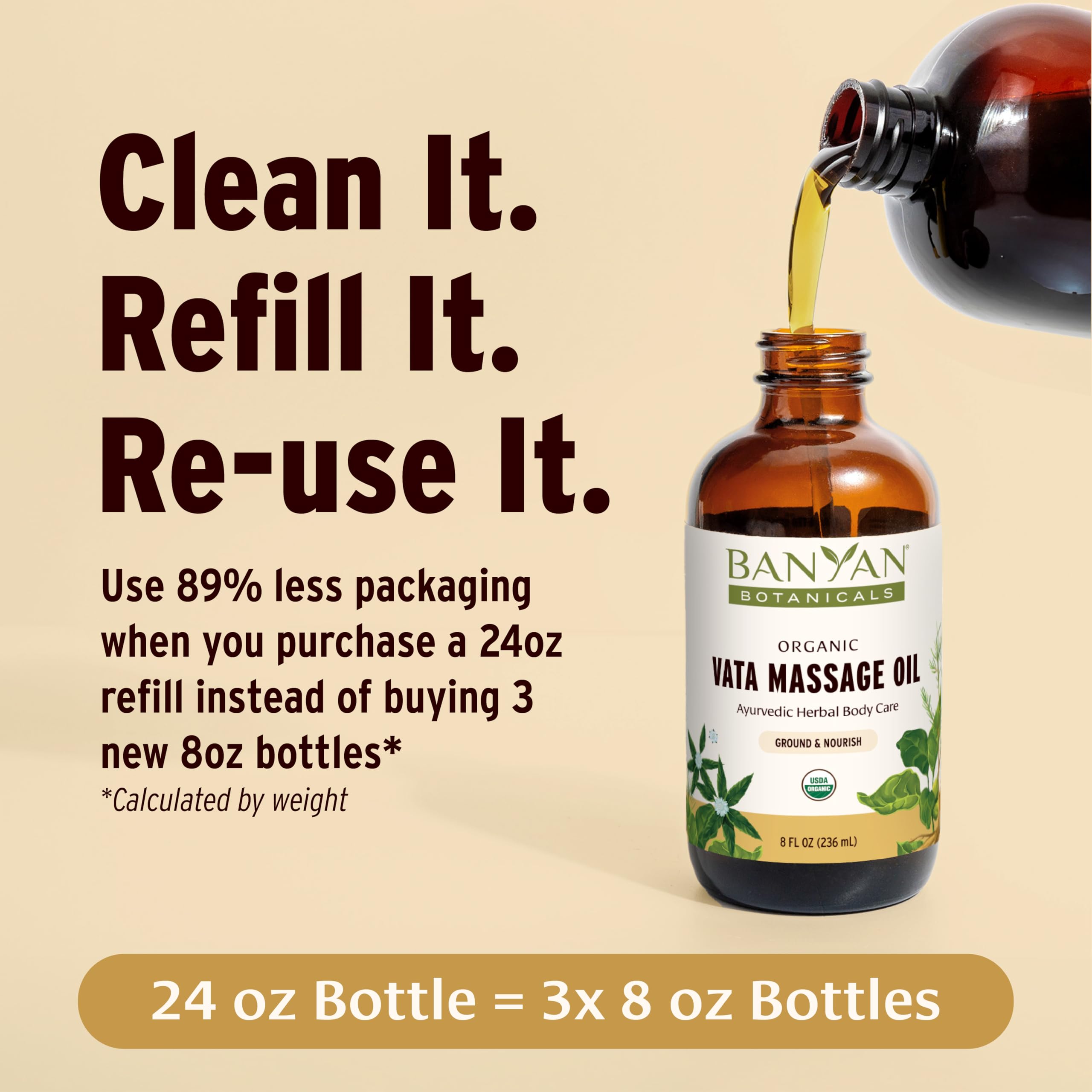 Pouring Banyan Botanicals Vata Massage Oil to warm palms for relaxation.