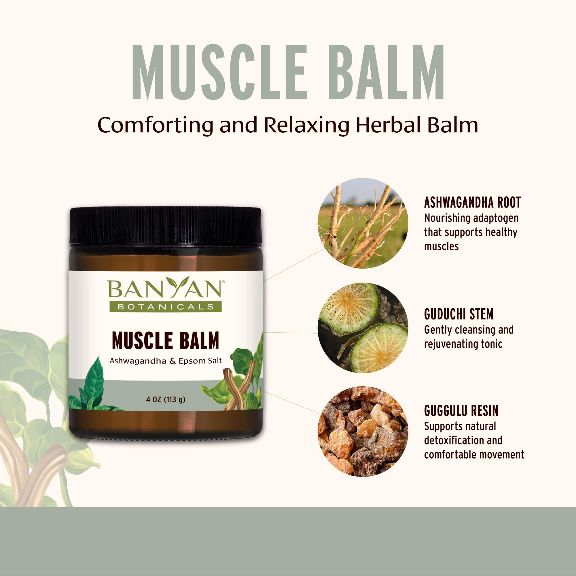 Banyan Botanicals Muscle Balm ingredients label showing Ayurvedic herbs and essential oils
