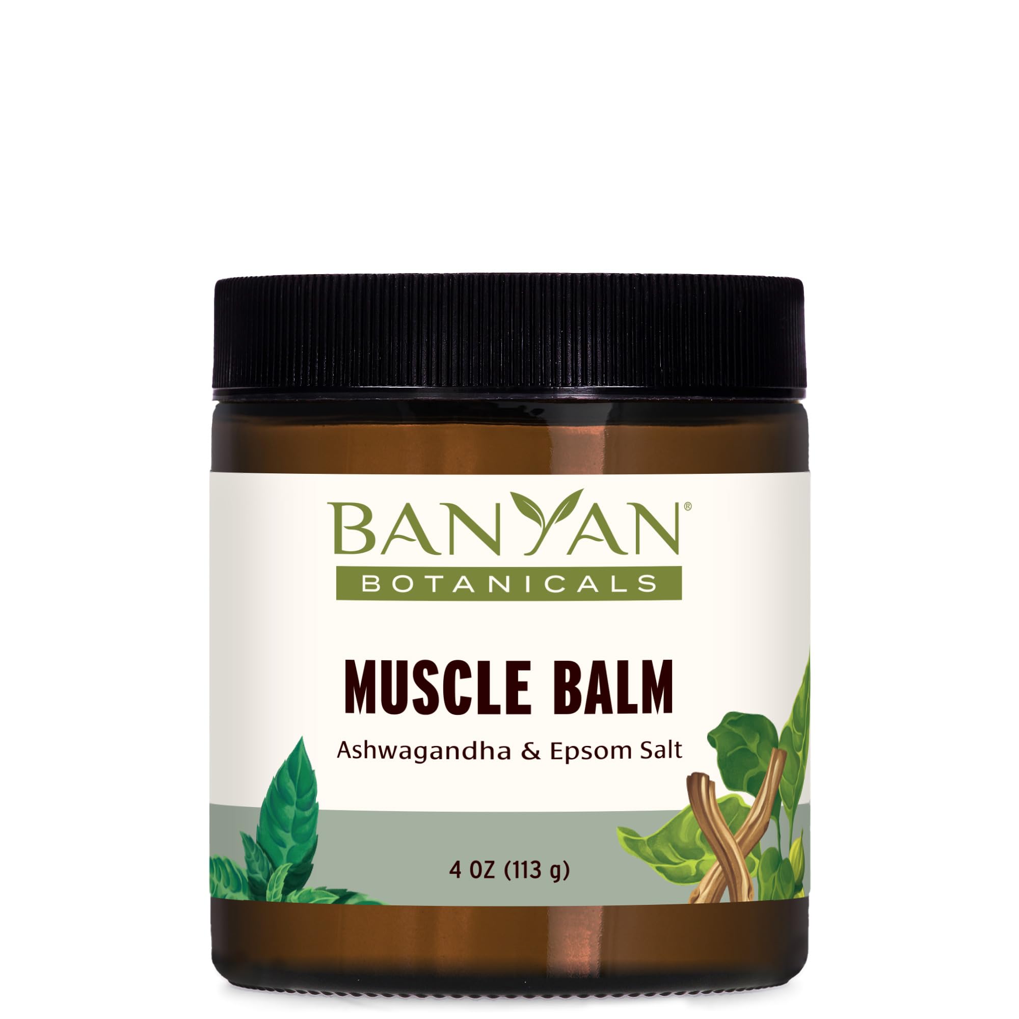 Banyan Botanicals Muscle Balm jar close-up showing rich texture for soothing use
