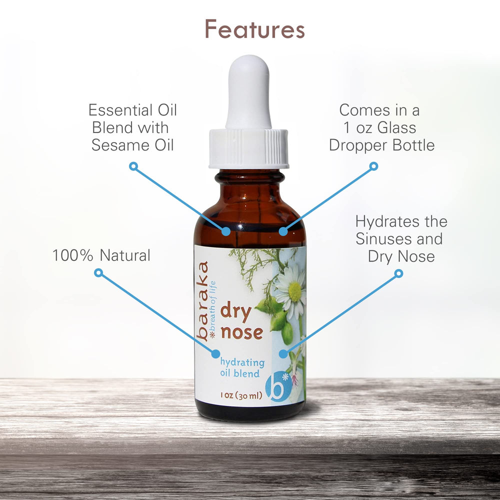 Baraka Dry Nose Nasal Oil close-up on dropper releasing oil for moisture.