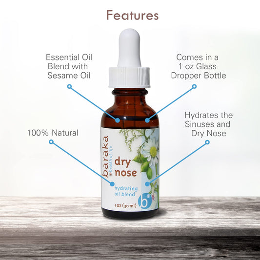 Baraka Dry Nose Nasal Oil close-up on dropper releasing oil for moisture.