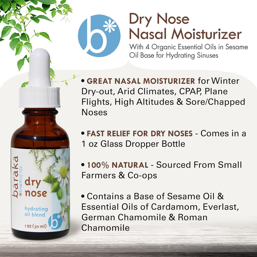 Baraka Dry Nose Nasal Oil label highlights organic essential oils.