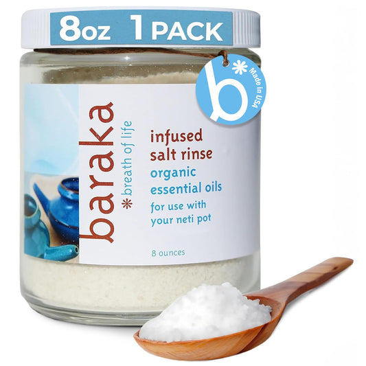 Baraka infused sea salt 8oz jar—mineral-rich formula for gentle nasal cleansing.