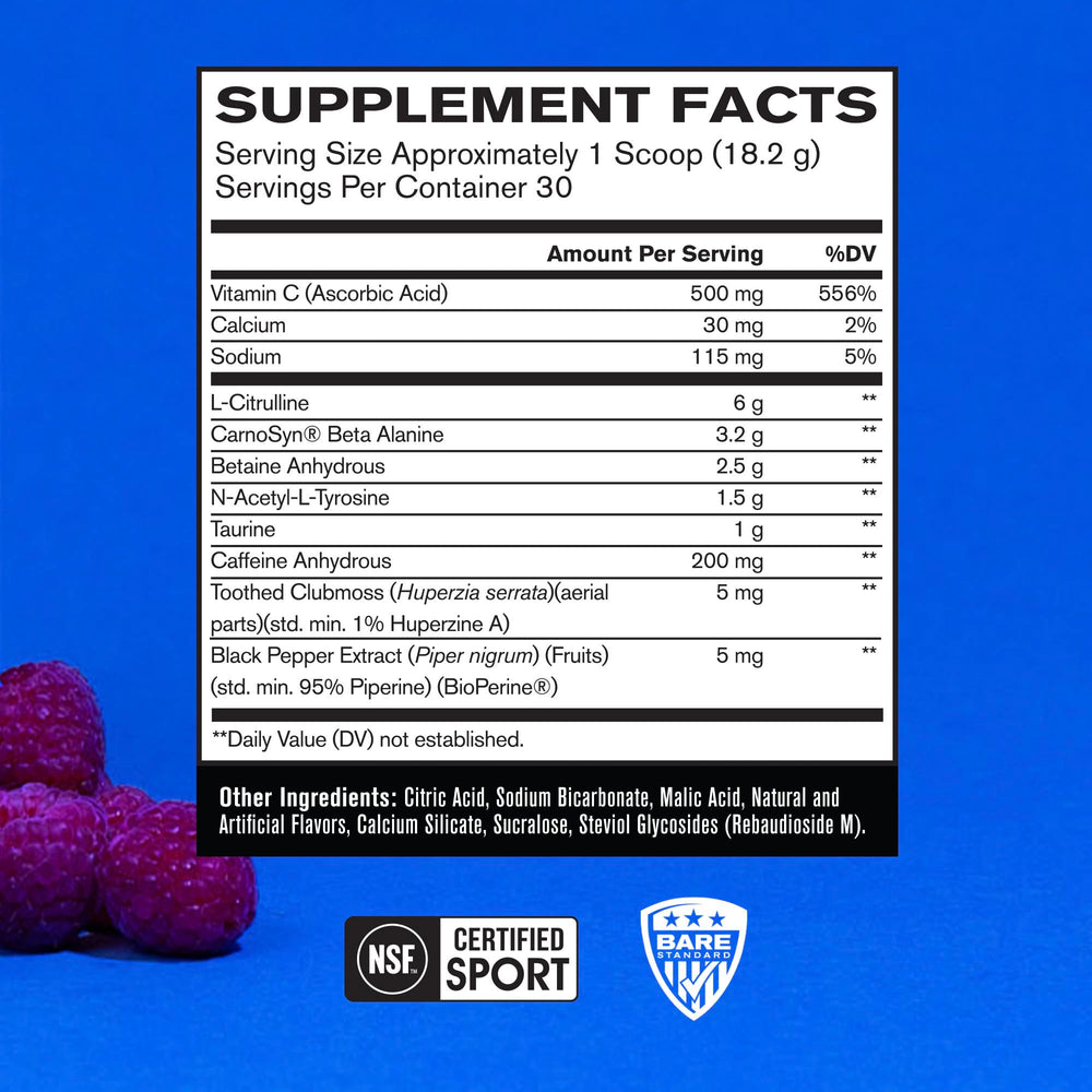 Bare Flight blue raspberry powder scoop demonstrates easy to measure servings.