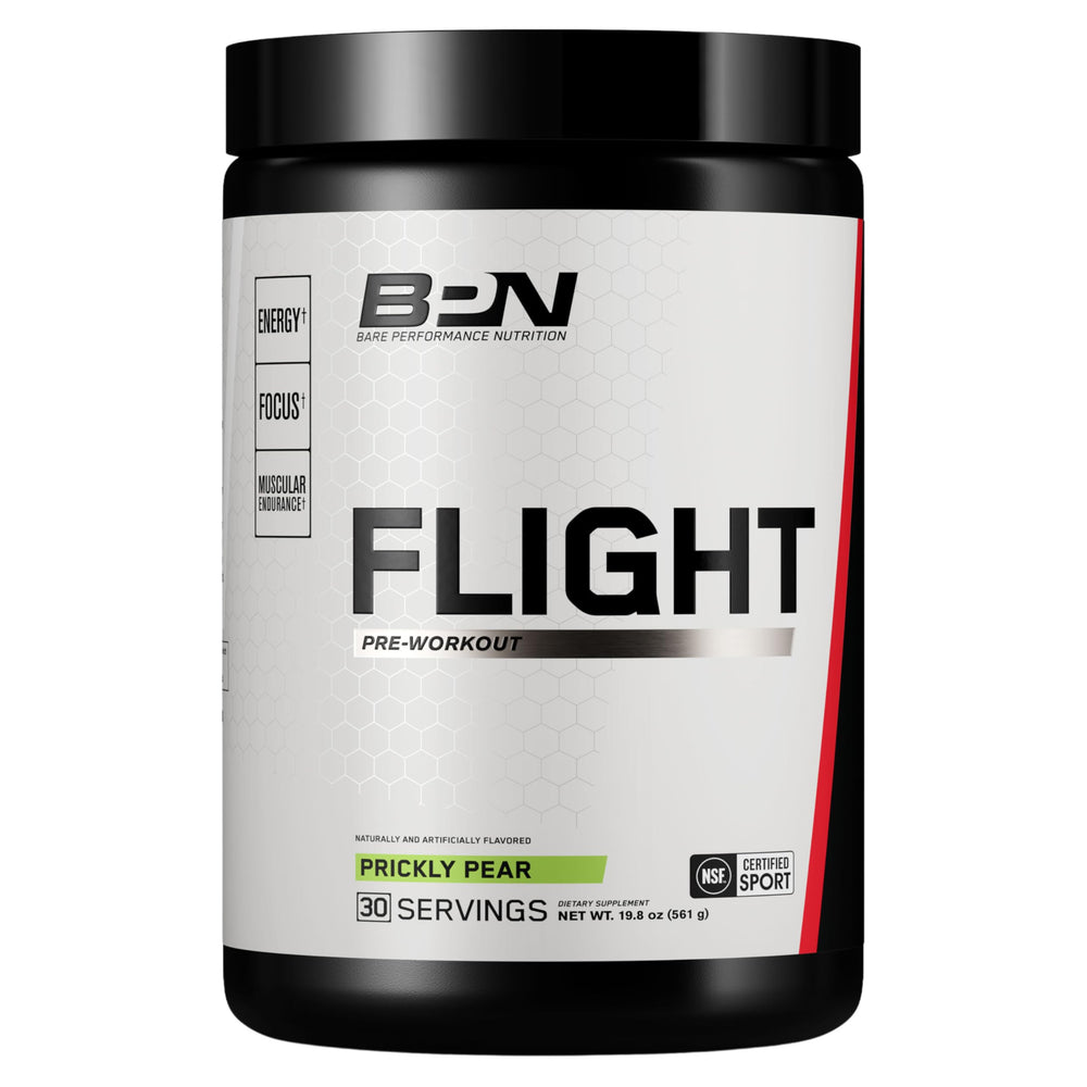 Bare Performance Flight pre-workout can with label visible for energized workouts
