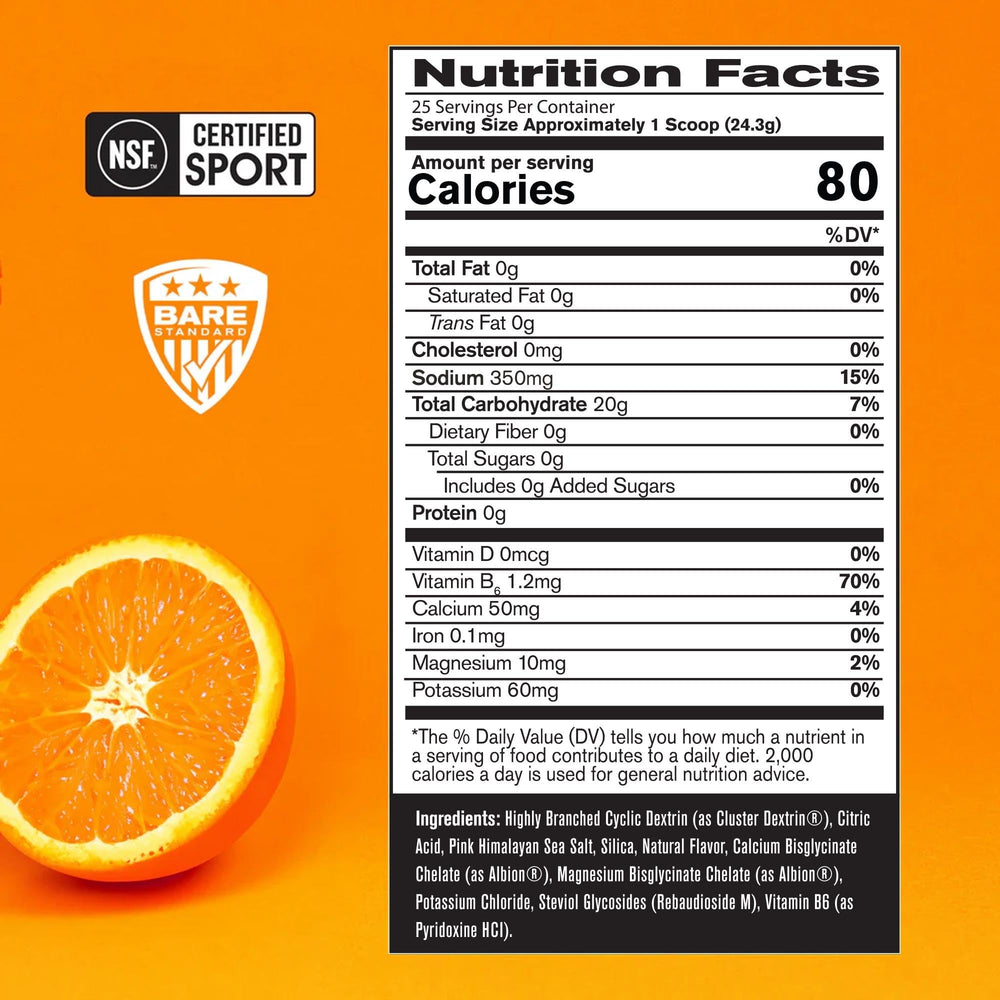 BARE G1M orange tub back highlights electrolyte blend for hydration
