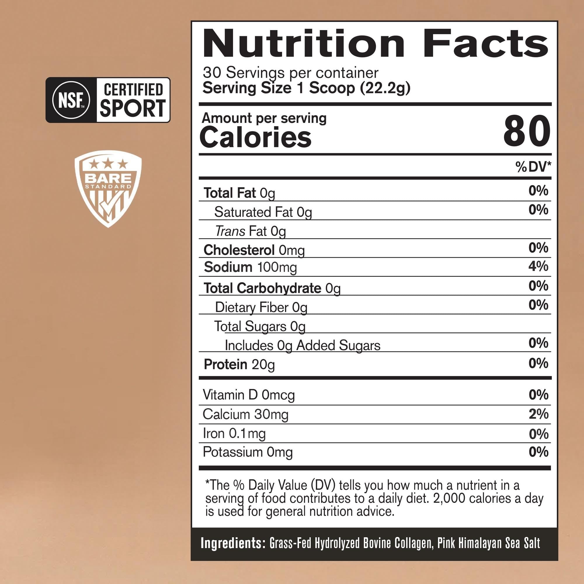 BARE PERFORMANCE NUTRITION collagen powder close-up shows unflavored formula for everyday mixing.