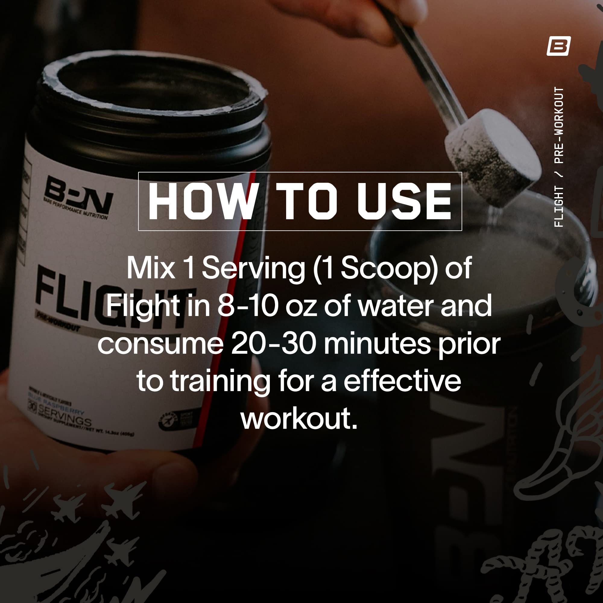 BARE FLIGHT scoop and powder illustrate easy dosing for targeted workout energy.