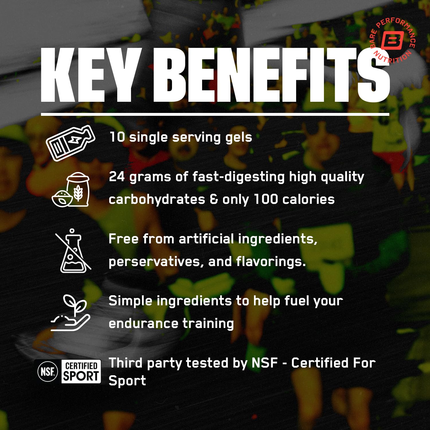 BARE PERFORMANCE NUTRITION BPN Go Gel Endurance ingredients label highlighting vegan and gluten-free formula.