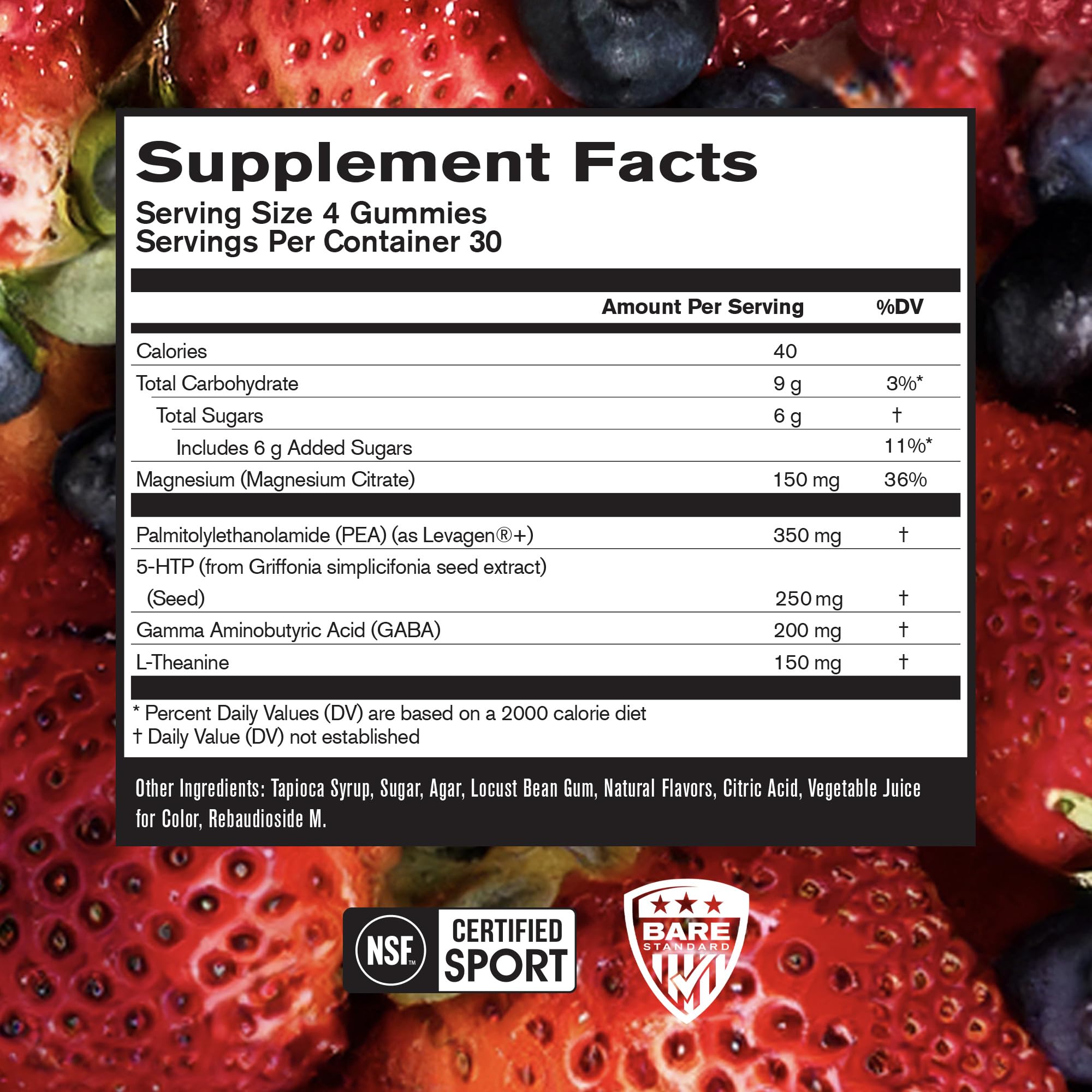Close up of BPN Peak Sleep Gummy candies highlighting berry flavor for easy nightly support.