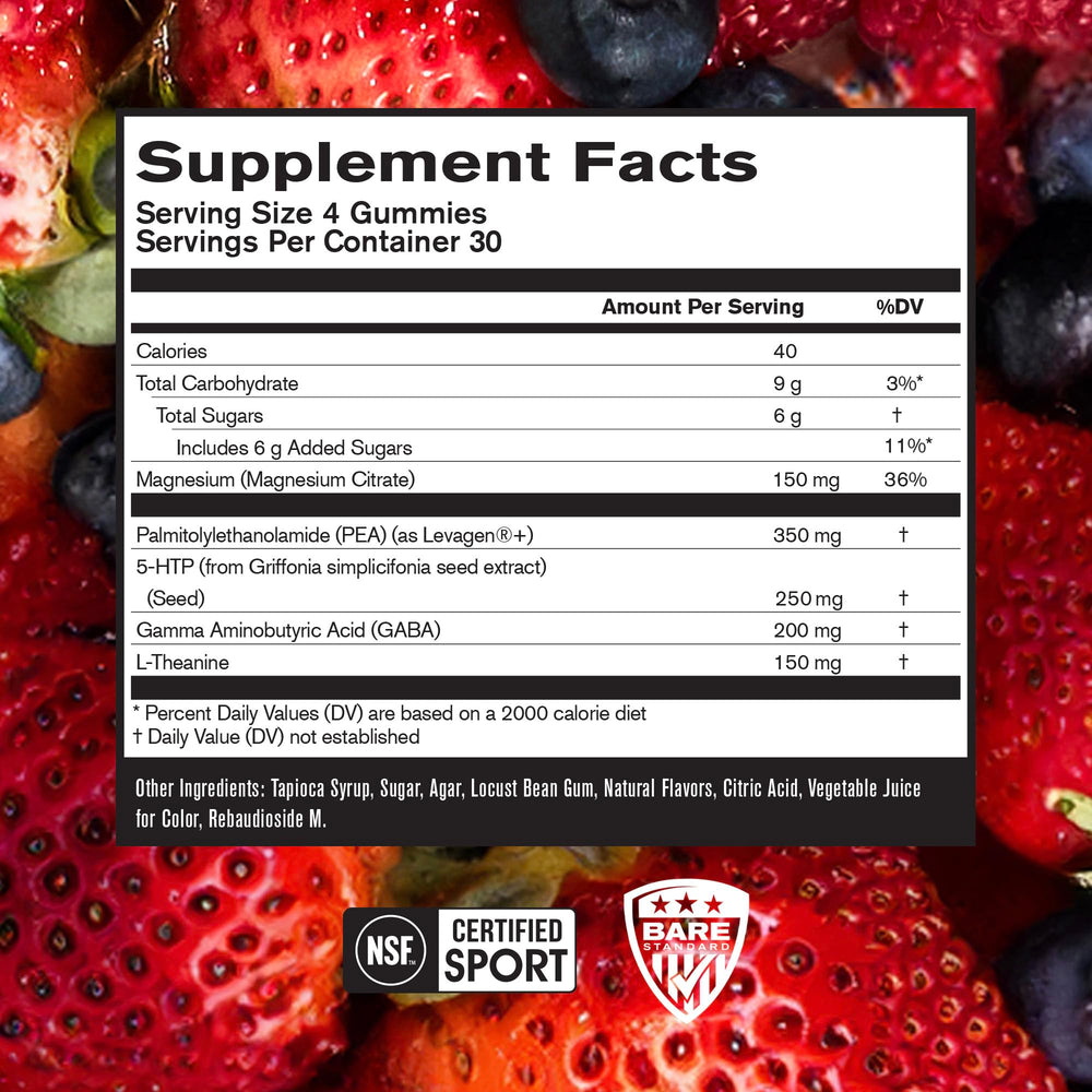 Close up of BPN Peak Sleep Gummy candies highlighting berry flavor for easy nightly support.