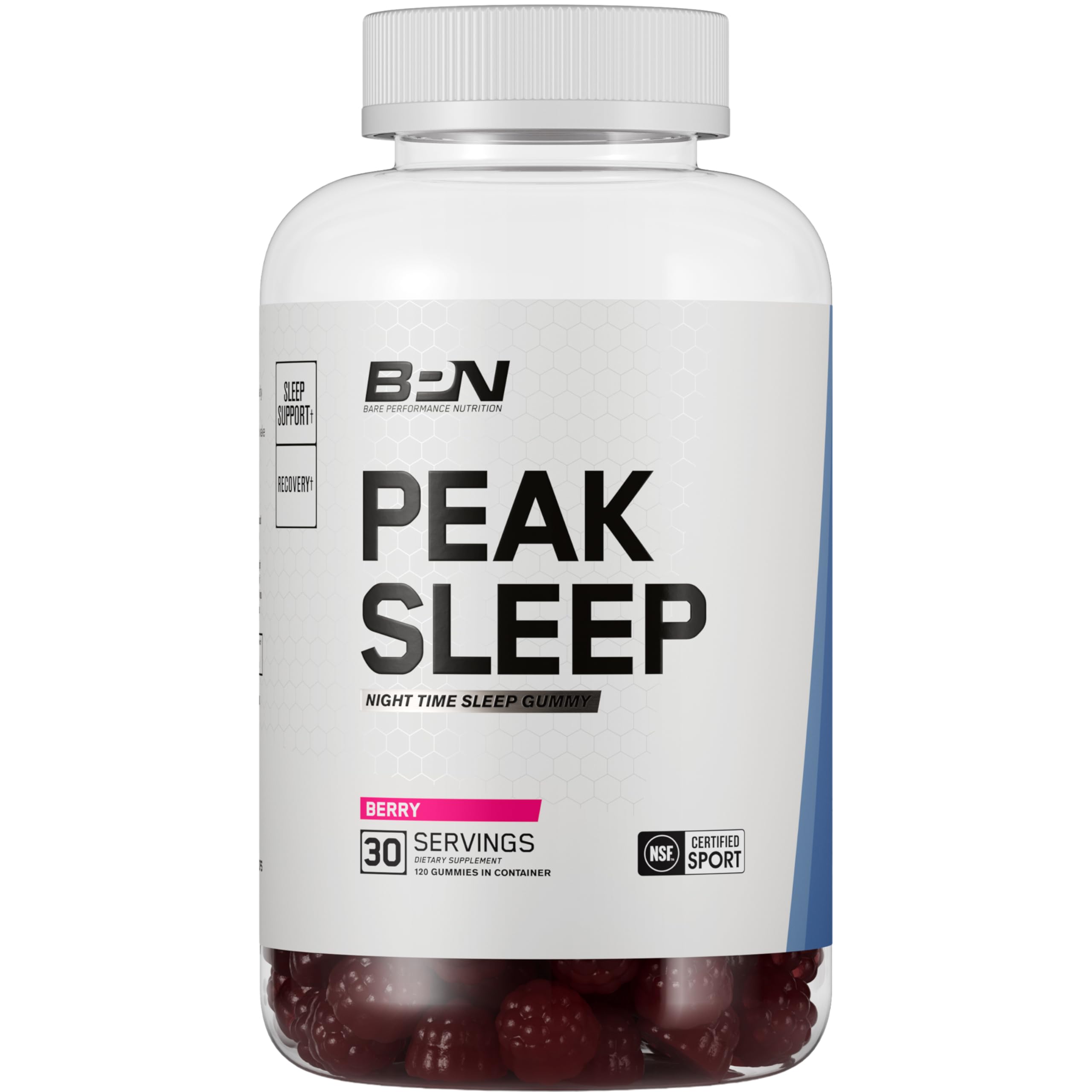 BARE PERFORMANCE NUTRITION BPN Peak Sleep Gummy bottle on nightstand for a simple bedtime routine.