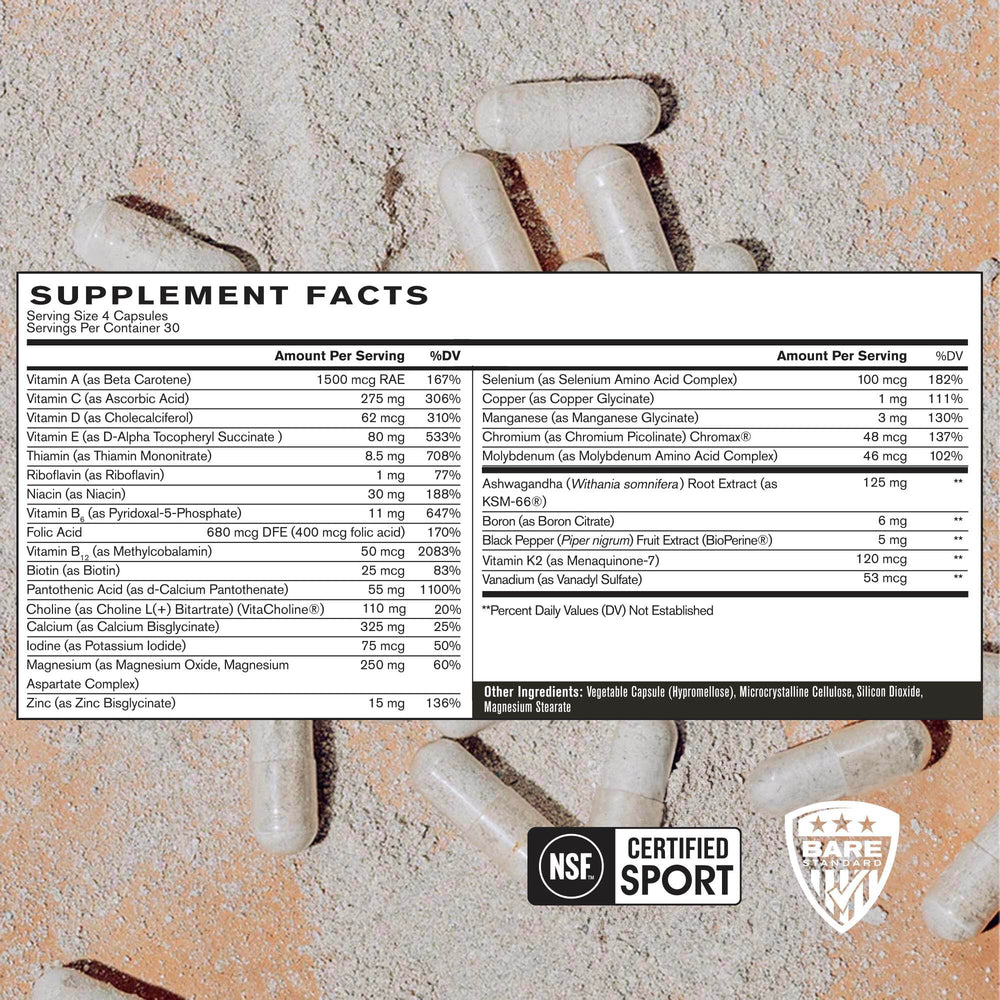 BARE PERFORMANCE NUTRITION BPN Strong Multi-Vitamin capsules close-up highlighting capsule quality