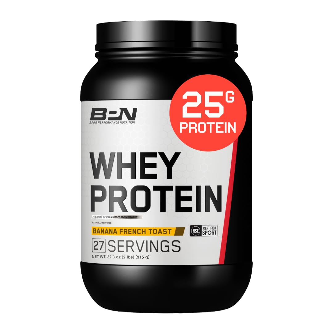 BARE PERFORMANCE NUTRITION BPN Whey Powder Banana French Toast scoop shows convenient protein source.