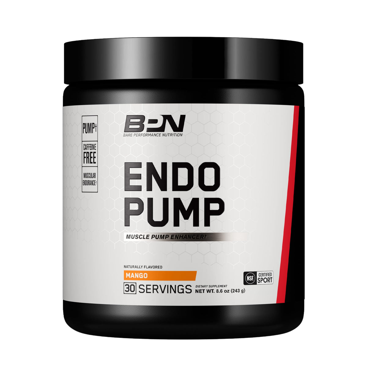 BARE PERFORMANCE NUTRITION EndoPump bottle front, mango flavor, pre-workout energy and pump support.