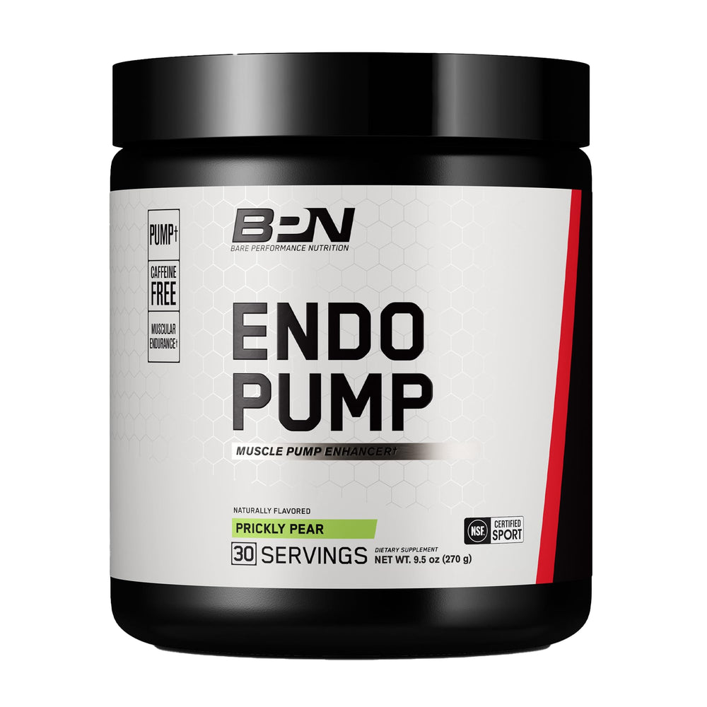 BARE Endo Pump bottle displaying prickly pear flavor for caffeine-free pre-workout support.