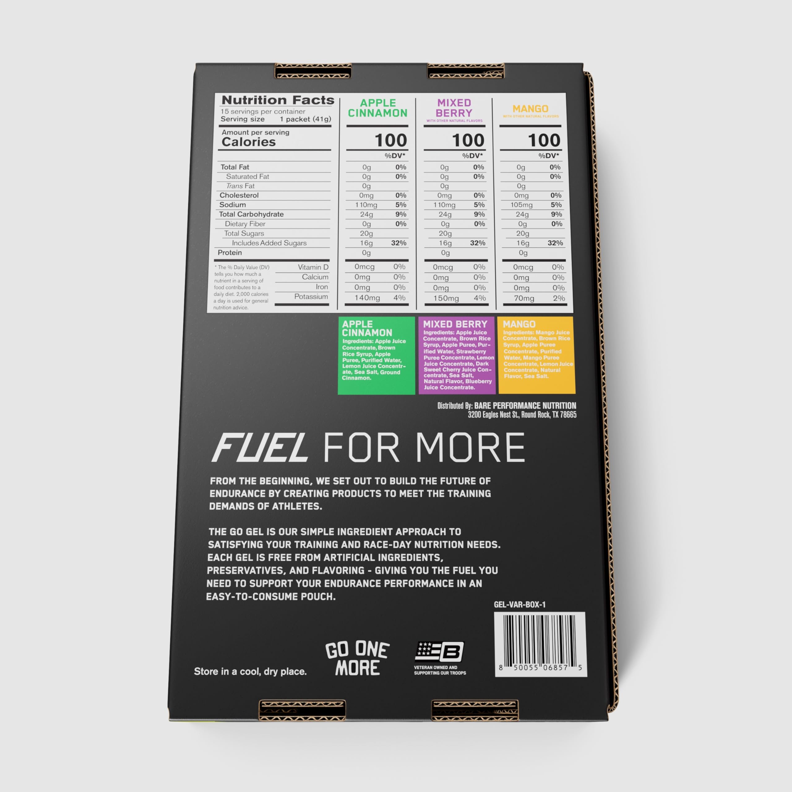BARE PERFORMANCE NUTRITION Go Gel Variety Pack Box image showcasing 15-pack option.