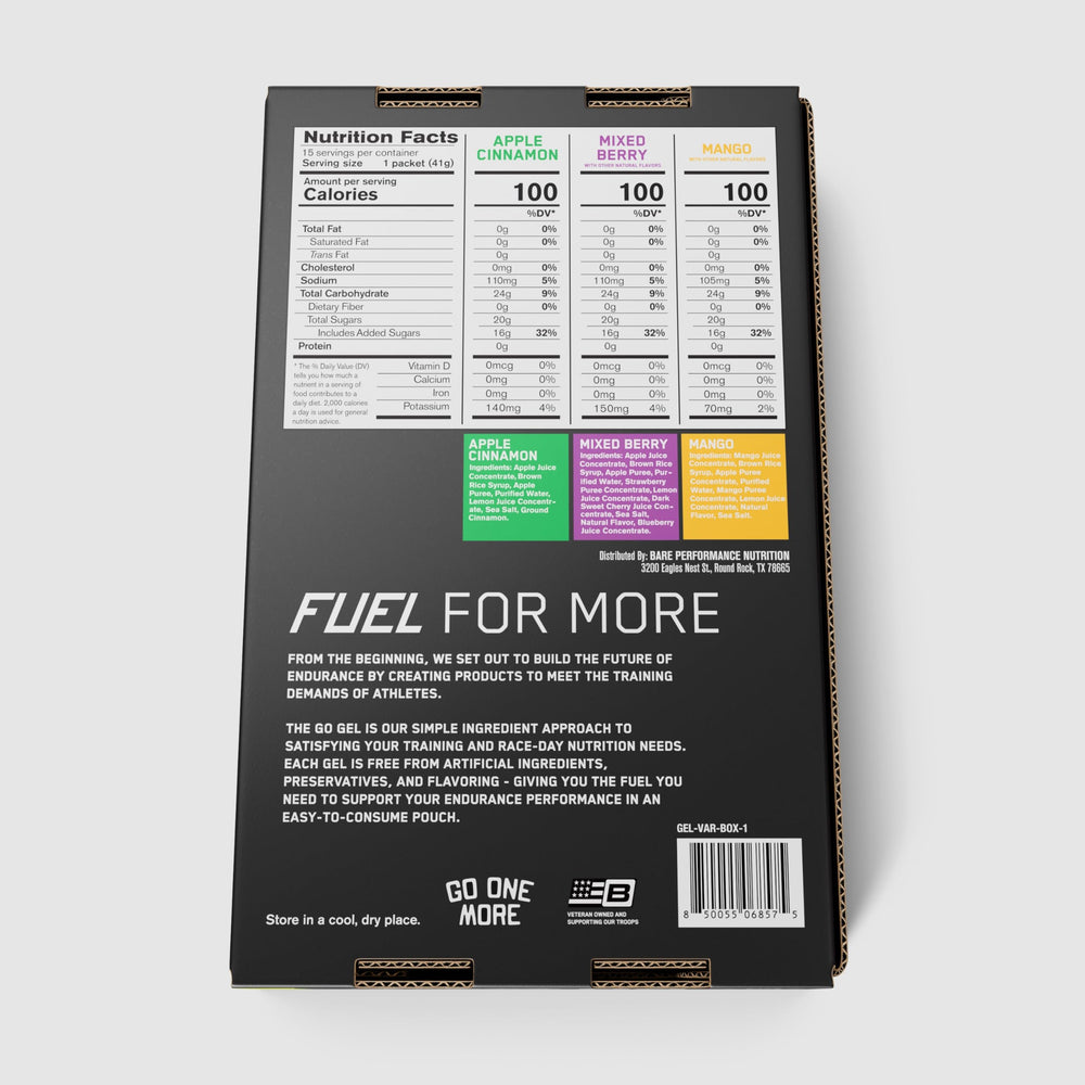 BARE PERFORMANCE NUTRITION Go Gel Variety Pack Box image showcasing 15-pack option.