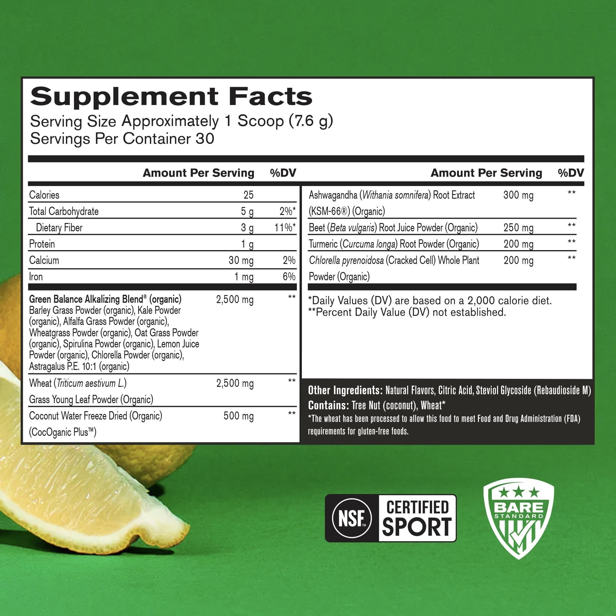 Bare Performance Nutrition Strong Greens Lemon glass with mixed powder for daily energy