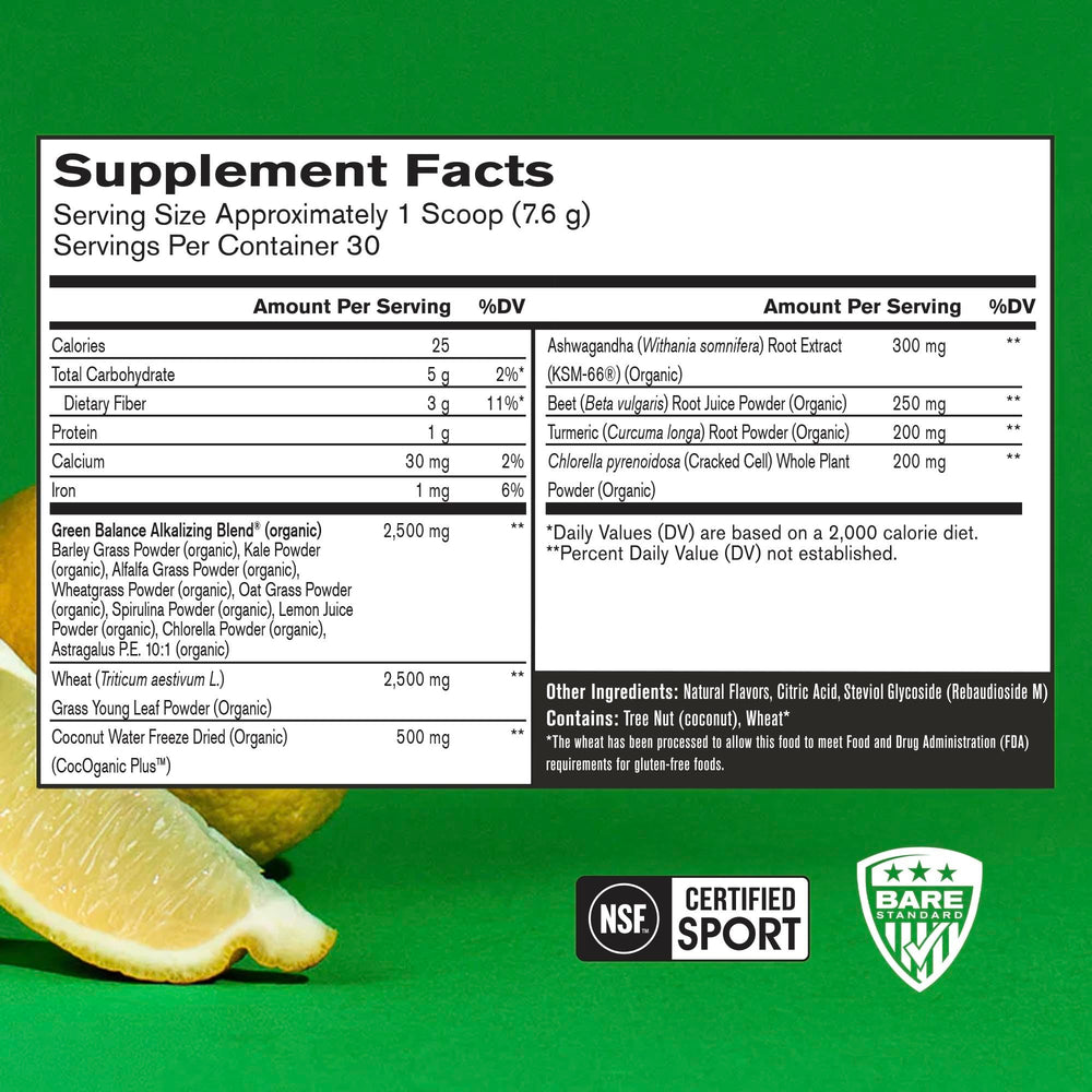 Bare Performance Nutrition Strong Greens Lemon glass with mixed powder for daily energy