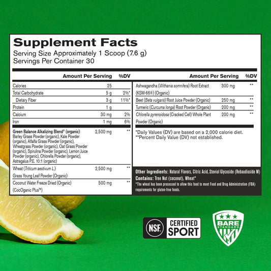 Bare Performance Nutrition Strong Greens Lemon glass with mixed powder for daily energy
