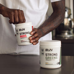 Morning routine with Strong Greens signaling easy plant-based nourishment