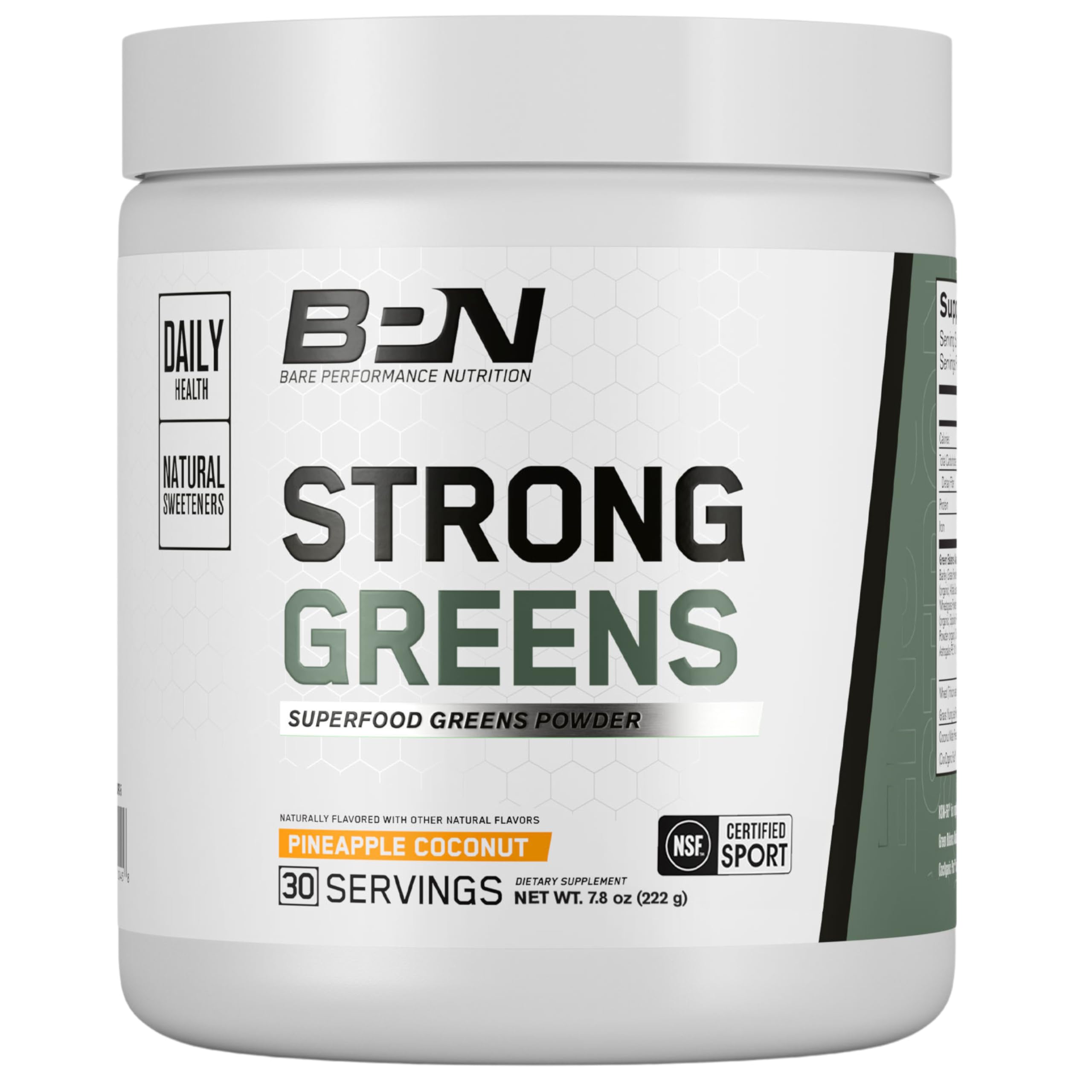 Bare Performance Nutrition Strong Greens tub with pineapple coconut flavor for daily nourishment