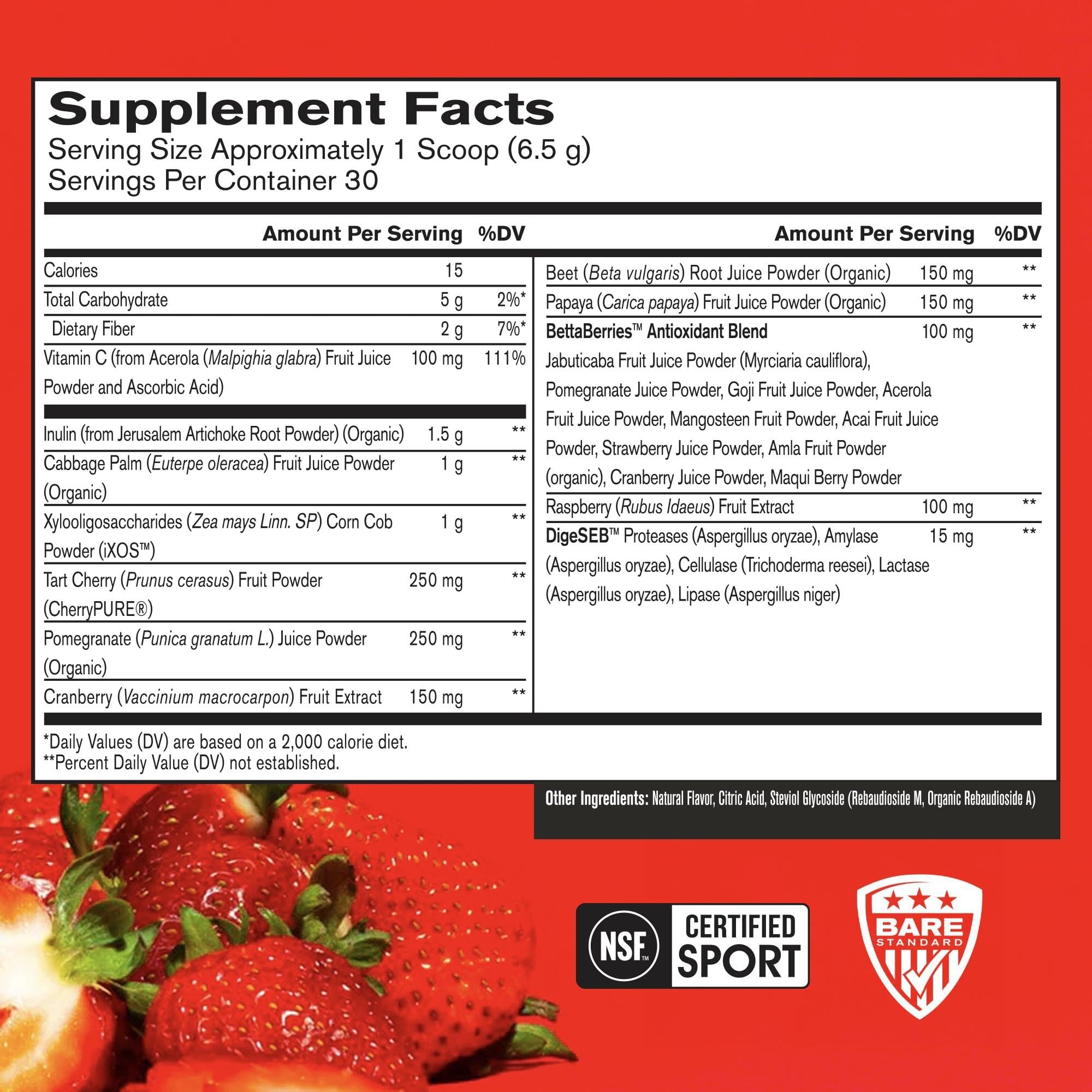Bare Performance Nutrition Strong Reds tub back highlights ingredients and digestive enzymes.