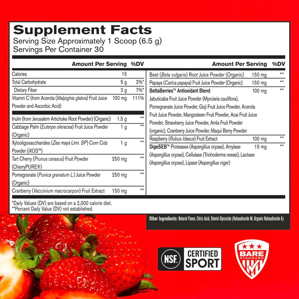 Bare Performance Nutrition Strong Reds tub back highlights ingredients and digestive enzymes.