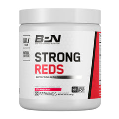 Bare Performance Nutrition Strong Reds tub front with strawberry powder for daily energy support.