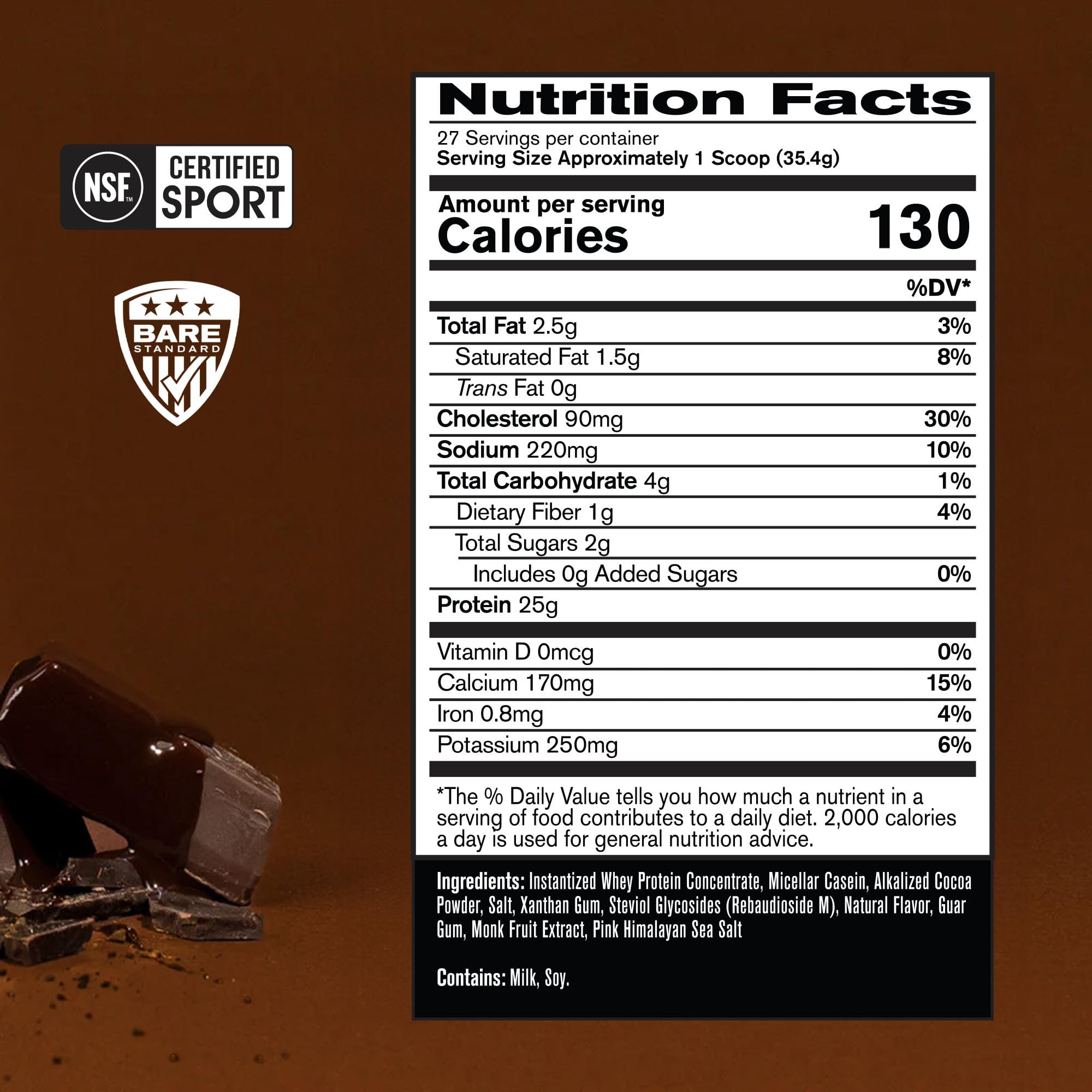 Scoop of Bare Performance Nutrition whey-casein blend ready to mix for a shake.