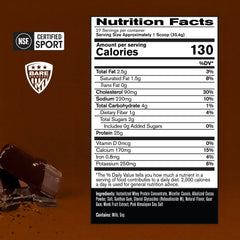 Scoop of Bare Performance Nutrition whey-casein blend ready to mix for a shake.