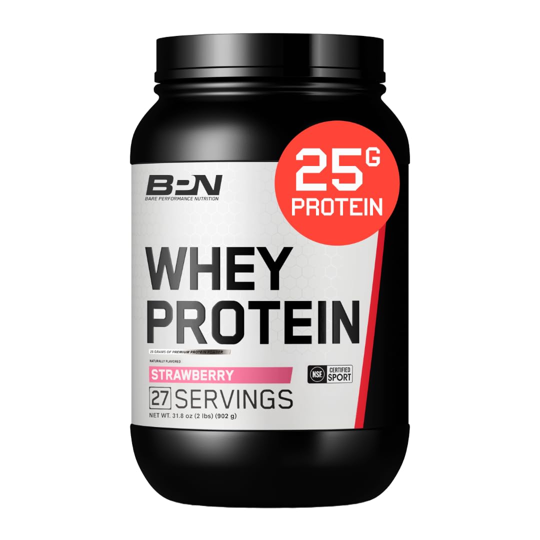 Bare Performance Nutrition BPN whey powder tub strawberry, front view, ideal for post-workout protein.