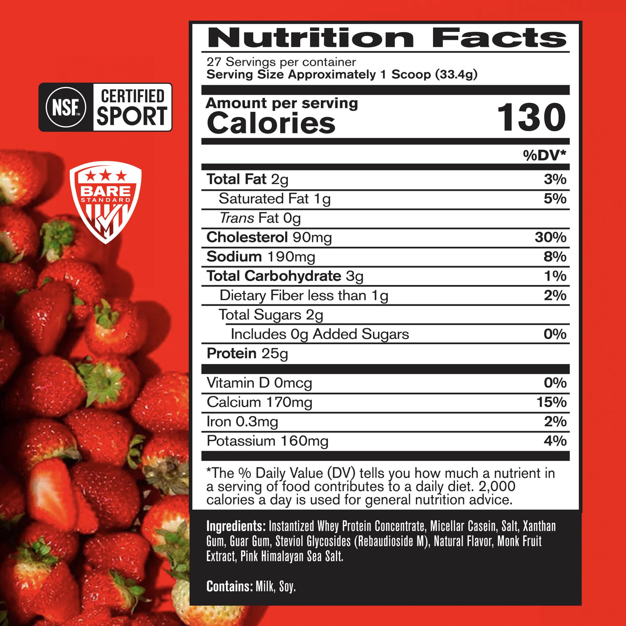 Bare Performance Nutrition BPN whey powder tub strawberry, side label shows servings and blend.