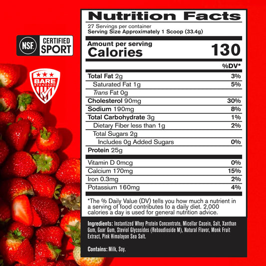 Bare Performance Nutrition BPN whey powder tub strawberry, side label shows servings and blend.
