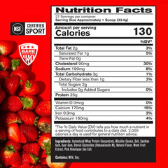 Bare Performance Nutrition BPN whey powder tub strawberry, side label shows servings and blend.