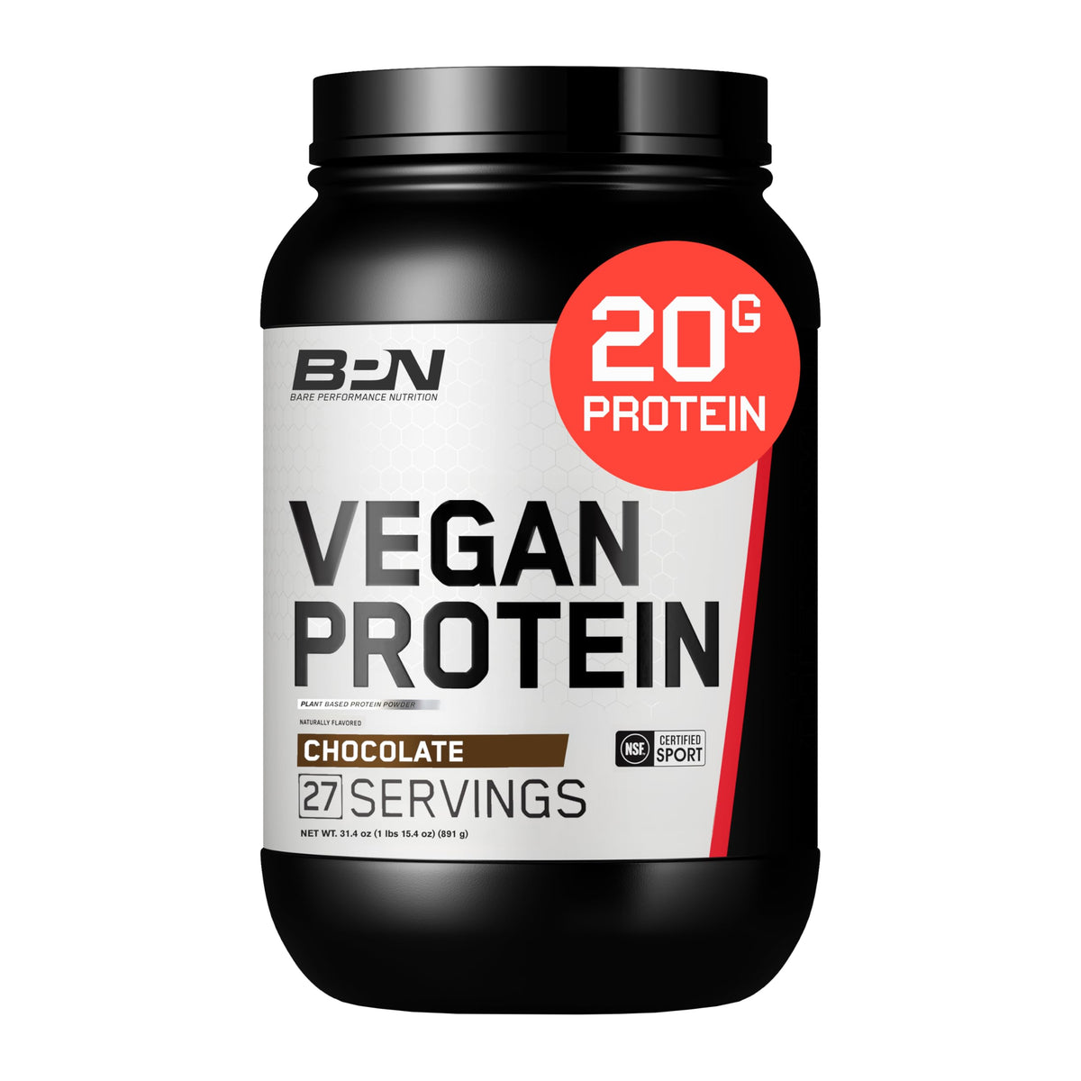 Bare Performance Nutrition vegan chocolate protein powder with scoop and smooth texture