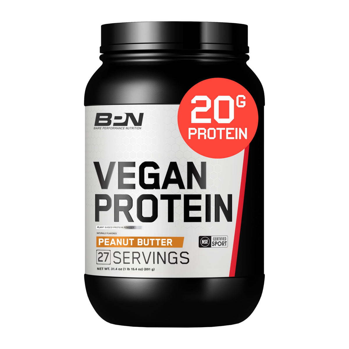 Bare Performance Vegan Protein tub close-up showing creamy texture for post-workout shakes