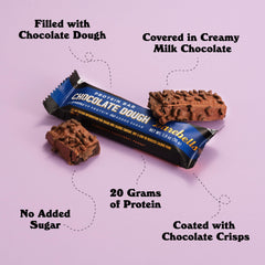 Barebells Brownie Dough bar showing chocolate crisps, crunchy texture highlight.