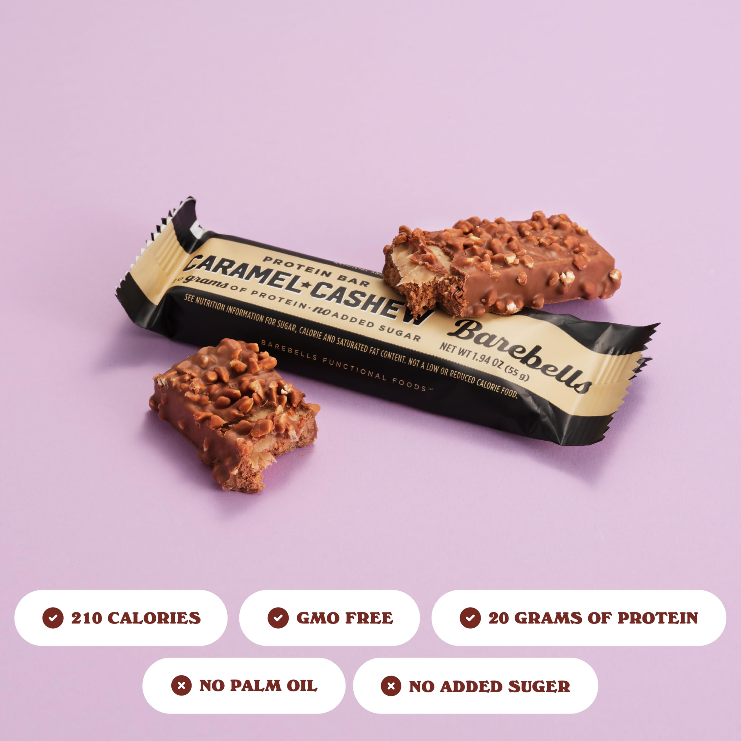 Barebells Caramel Cashew bar cross-section; gooey caramel with 20g protein per bar