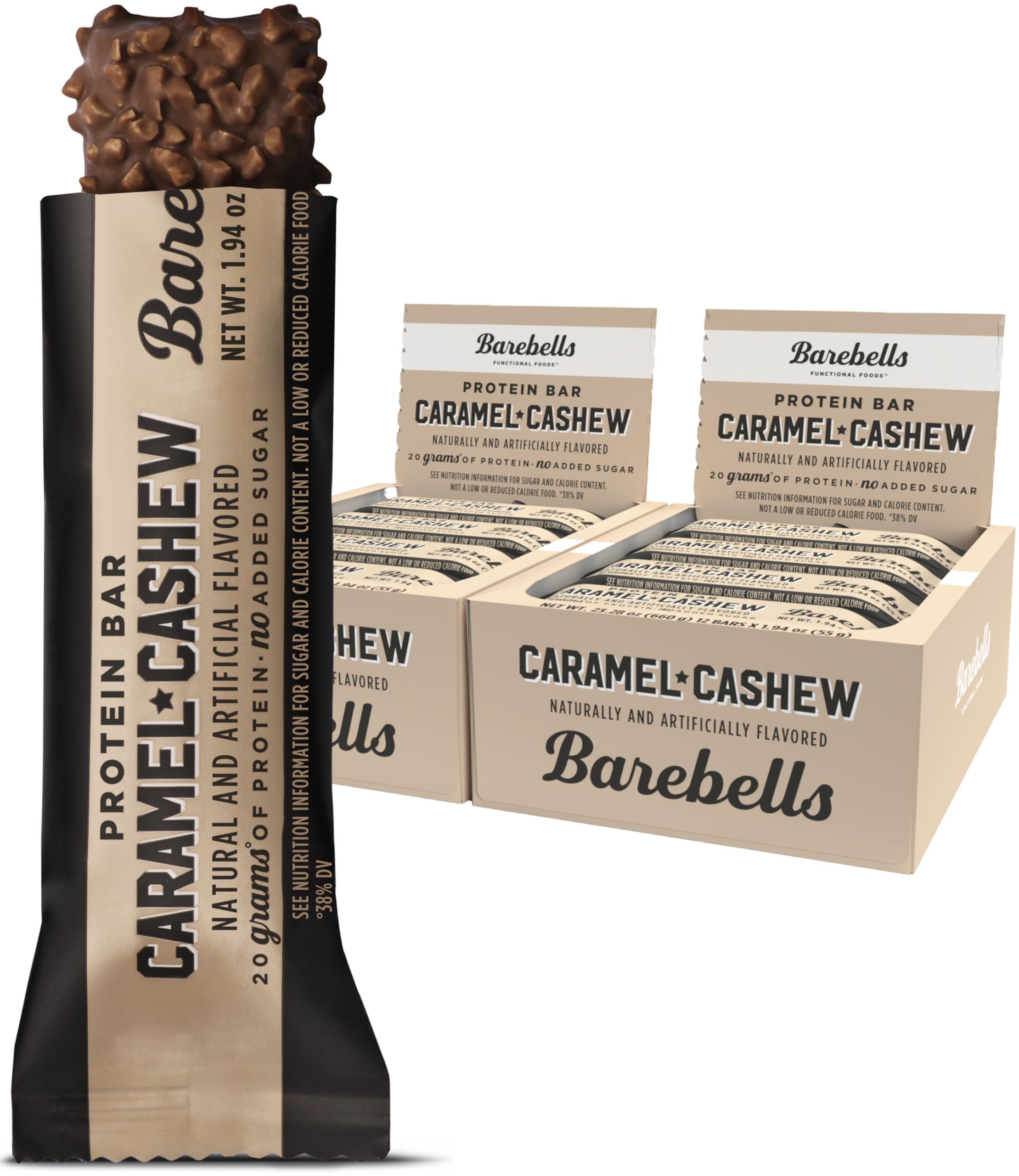 Barebells Caramel Cashew bar front view; high-protein snack for on-the-go mornings