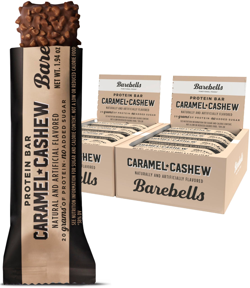 Barebells Caramel Cashew bar front view; high-protein snack for on-the-go mornings