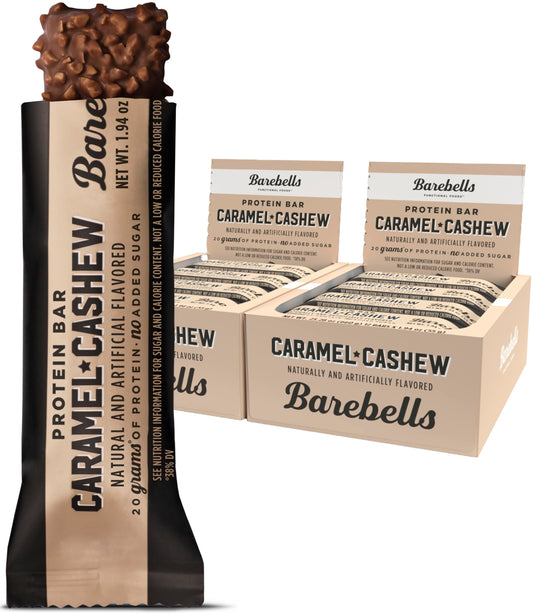 Barebells Caramel Cashew bar front view; high-protein snack for on-the-go mornings