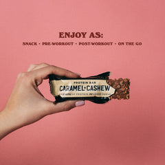 Barebells Caramel Cashew bar in hand; on-the-go snack with low sugar