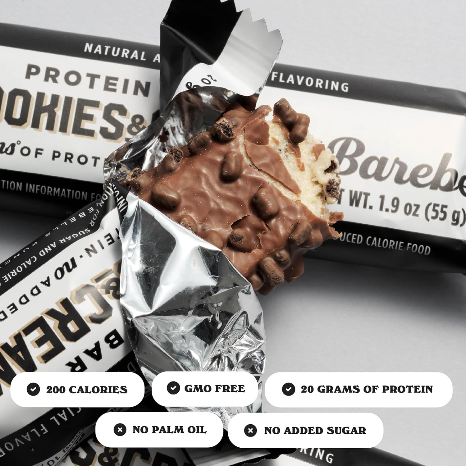 Barebells close-up chocolate bar crumbs convey a rich, satisfying texture.