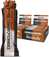 Barebells Cookies and Caramel bar pack front, ideal for post-workout energy boosts.