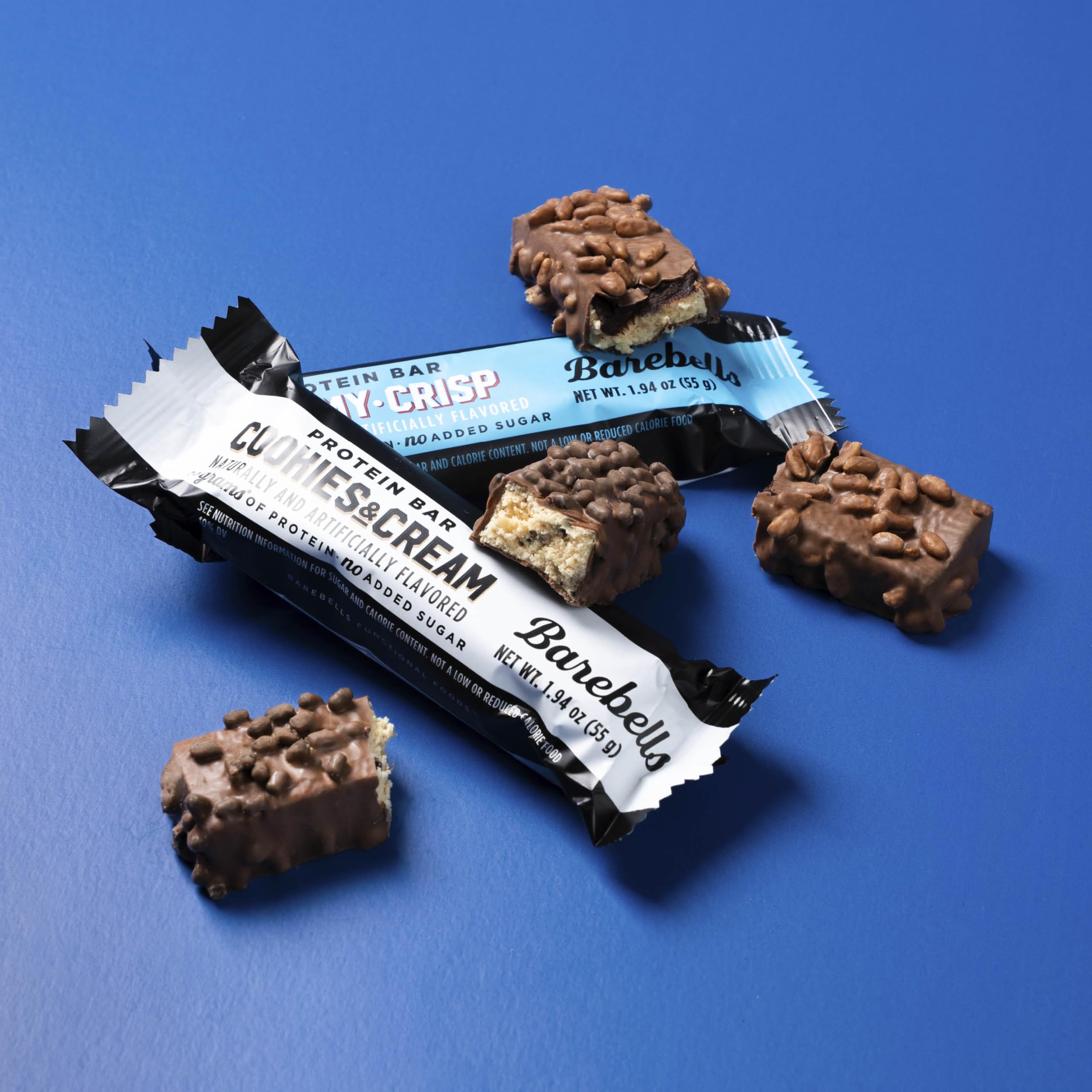 Barebells Cookies and Cream bar close-up, rich flavor and satisfying crunch.