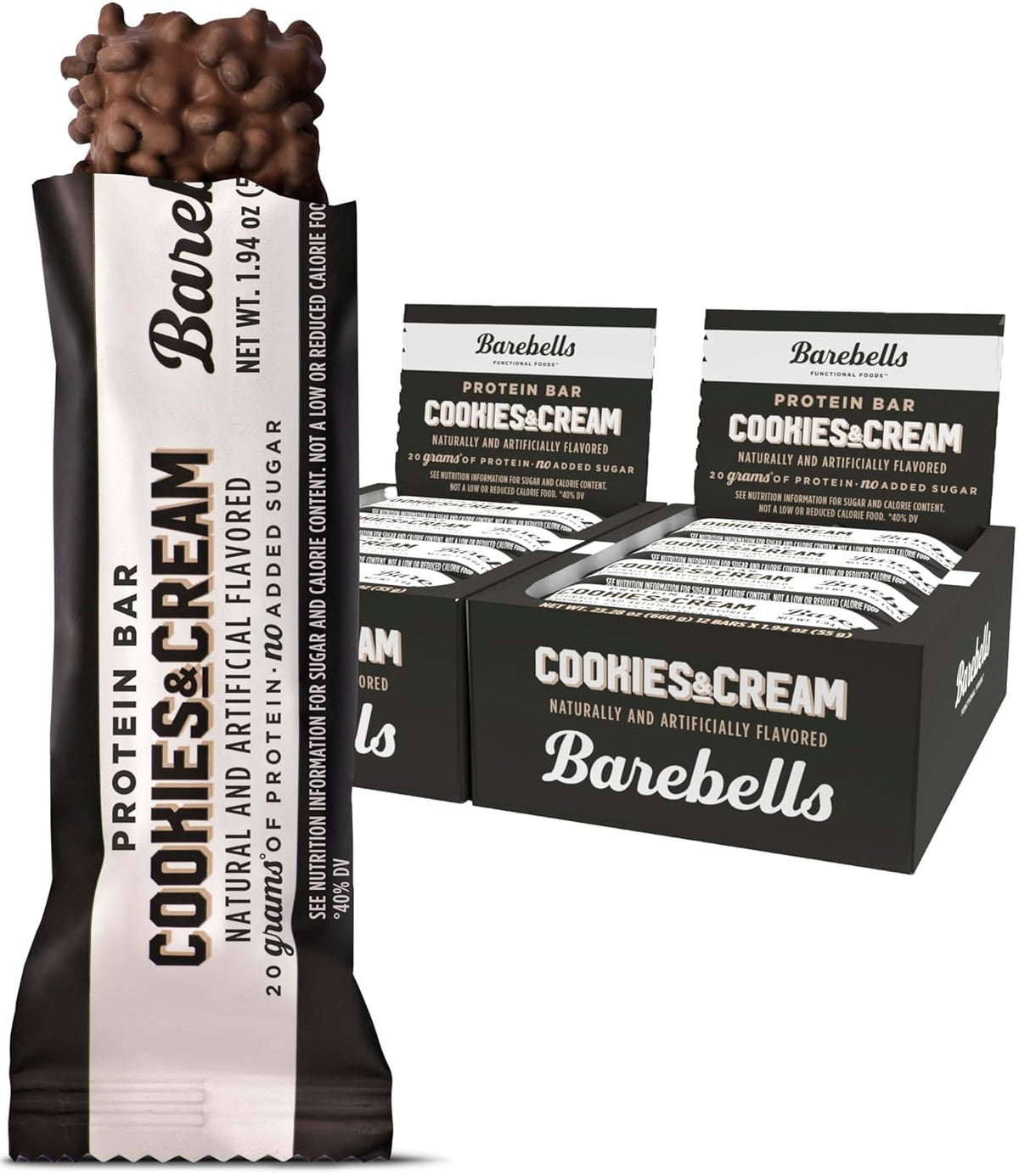 Barebells Cookies and Cream bar packaging highlights flavor and high protein for on-the-go snacking.