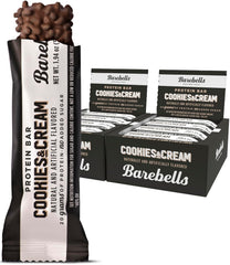 Barebells Cookies and Cream bar packaging highlights flavor and high protein for on-the-go snacking.
